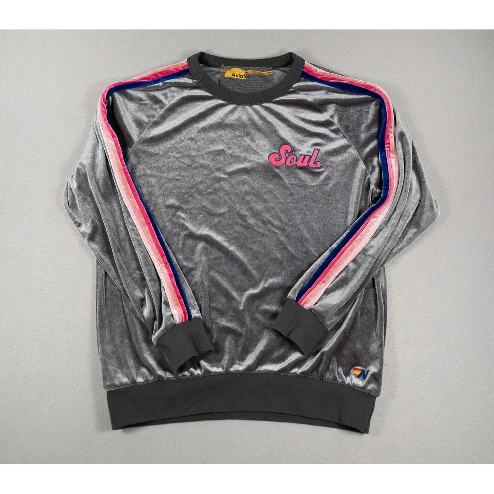 Aviator Nation Womens SoulCycle Velour Sweatshirt Raglan Stripe Grey Size M